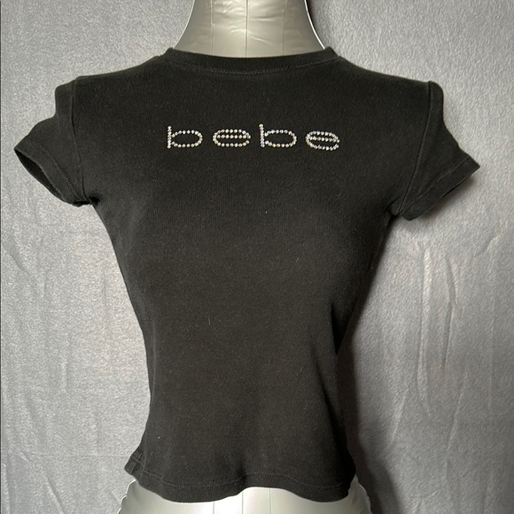 BEBE Babydoll Tee Y2k/90's Black with sparkle SWAROVSKI RHINESTONE LOGO, Size S - Picture 1 of 6